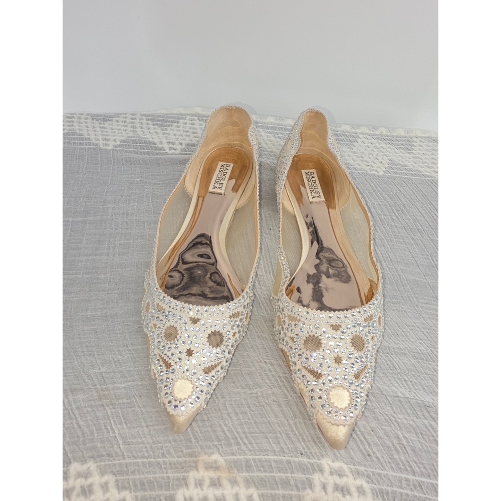 Badgley Mischka Giggi Champagne Crystal Mesh Pointed Toe Evening Flats Size 11